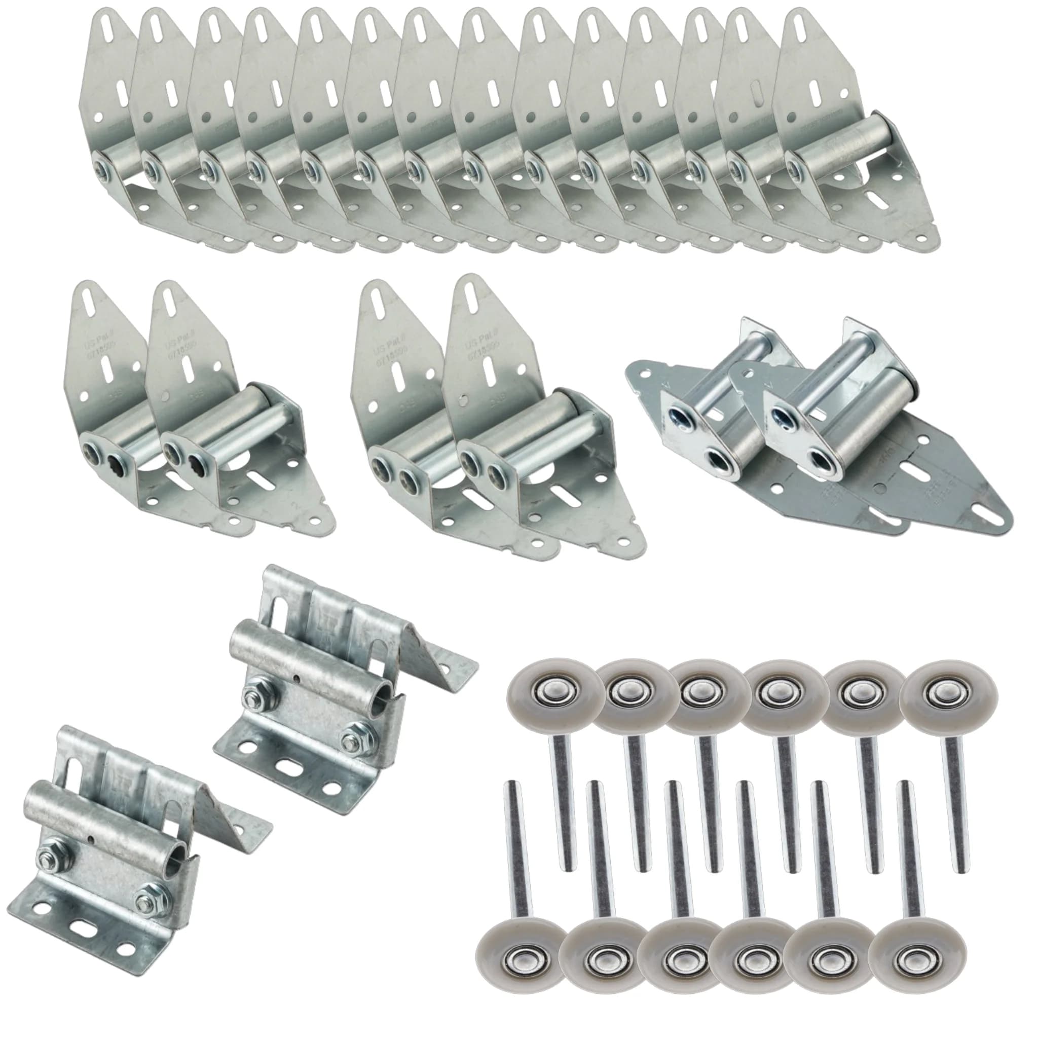 Galvanized garage door hinges, rollers, and track brackets on a white background